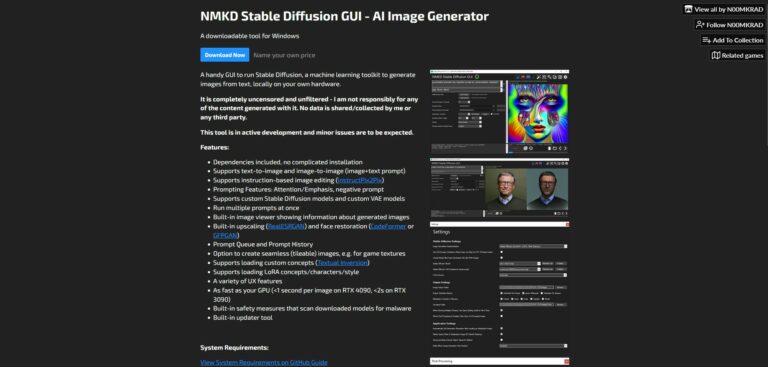 Capture d'écran de la page d'accueil de NMKD Stable Diffusion GUI
