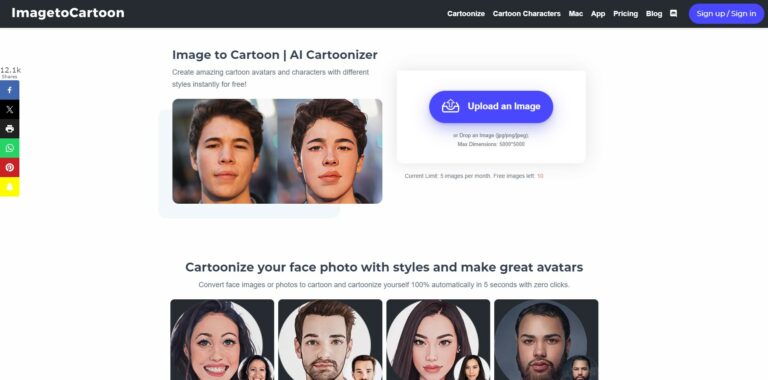 Capture d'écran de la page d'accueil d'ImageToCartoon