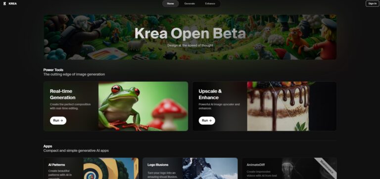 Capture d'écran de la page d'accueil de Krea