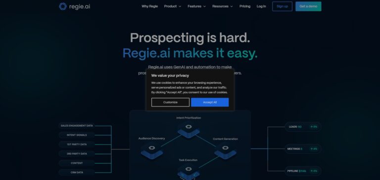 Capture d'écran de la page d'accueil de Regie.ai