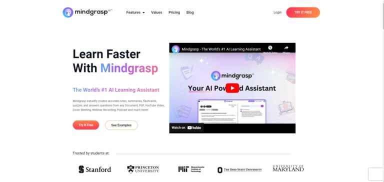 Capture d'écran de la page d'accueil de Mindgrasp