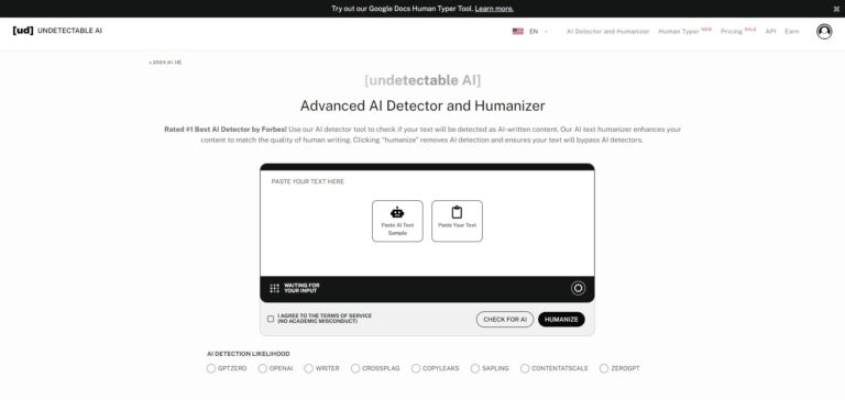 Capture d'écran de la page d'accueil d'Undetectable AI