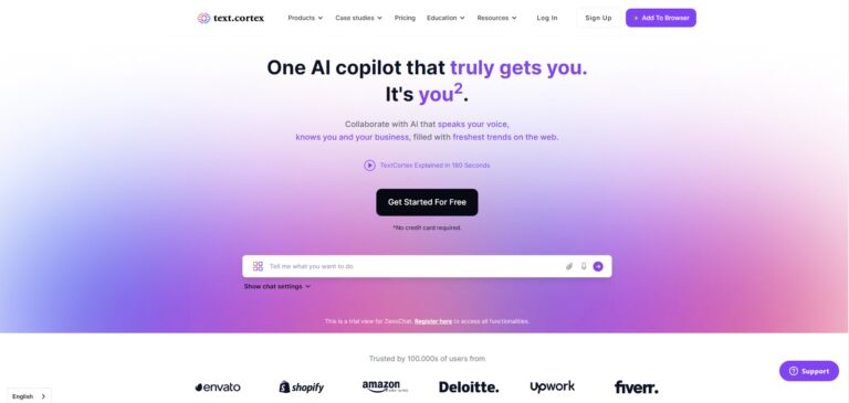Capture d'écran de la page d'accueil de TextCortex AI
