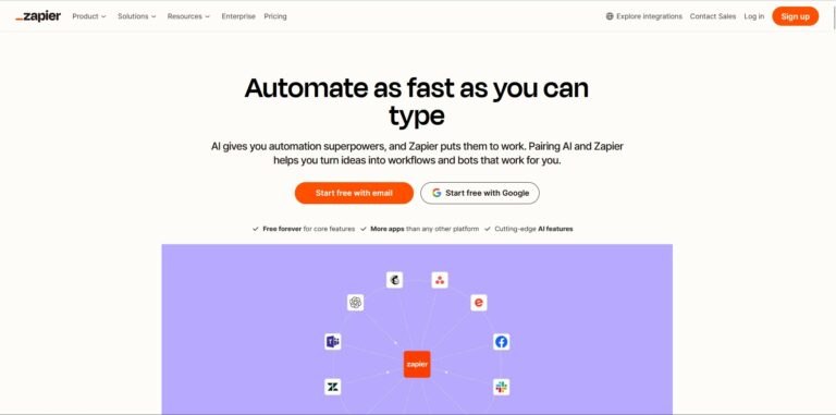 Capture d'écran de la page d'accueil de Zapier