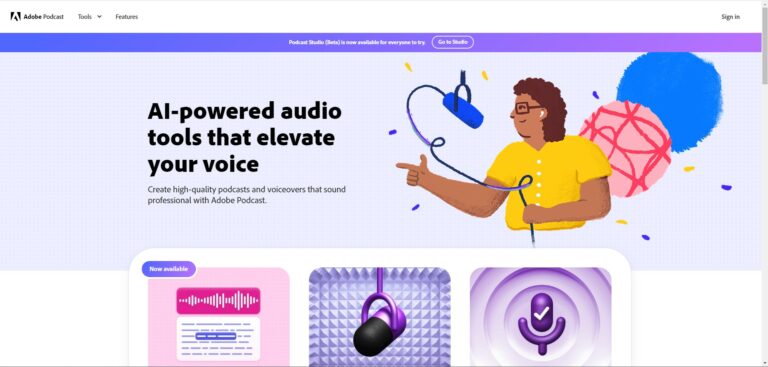 Capture d'écran de la page d'accueil d'Adobe Podcast