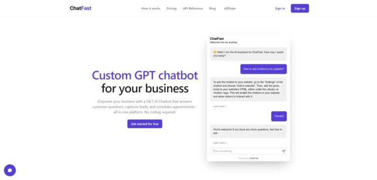 Capture d'écran de la page d'accueil de ChatFast